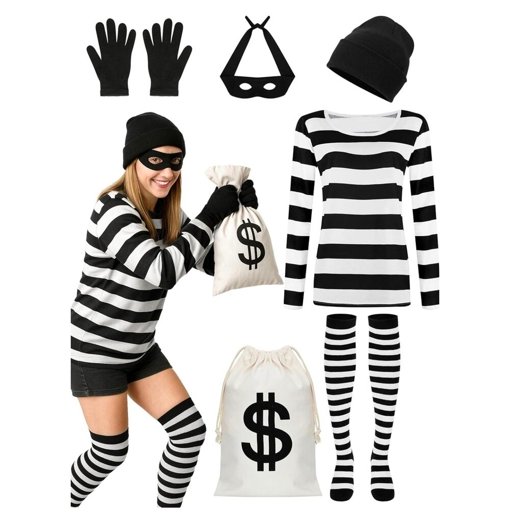 Halloween Women SZ M Costume Set Thief Cosplay Shirt Mask Gloves Beanie Bag s2